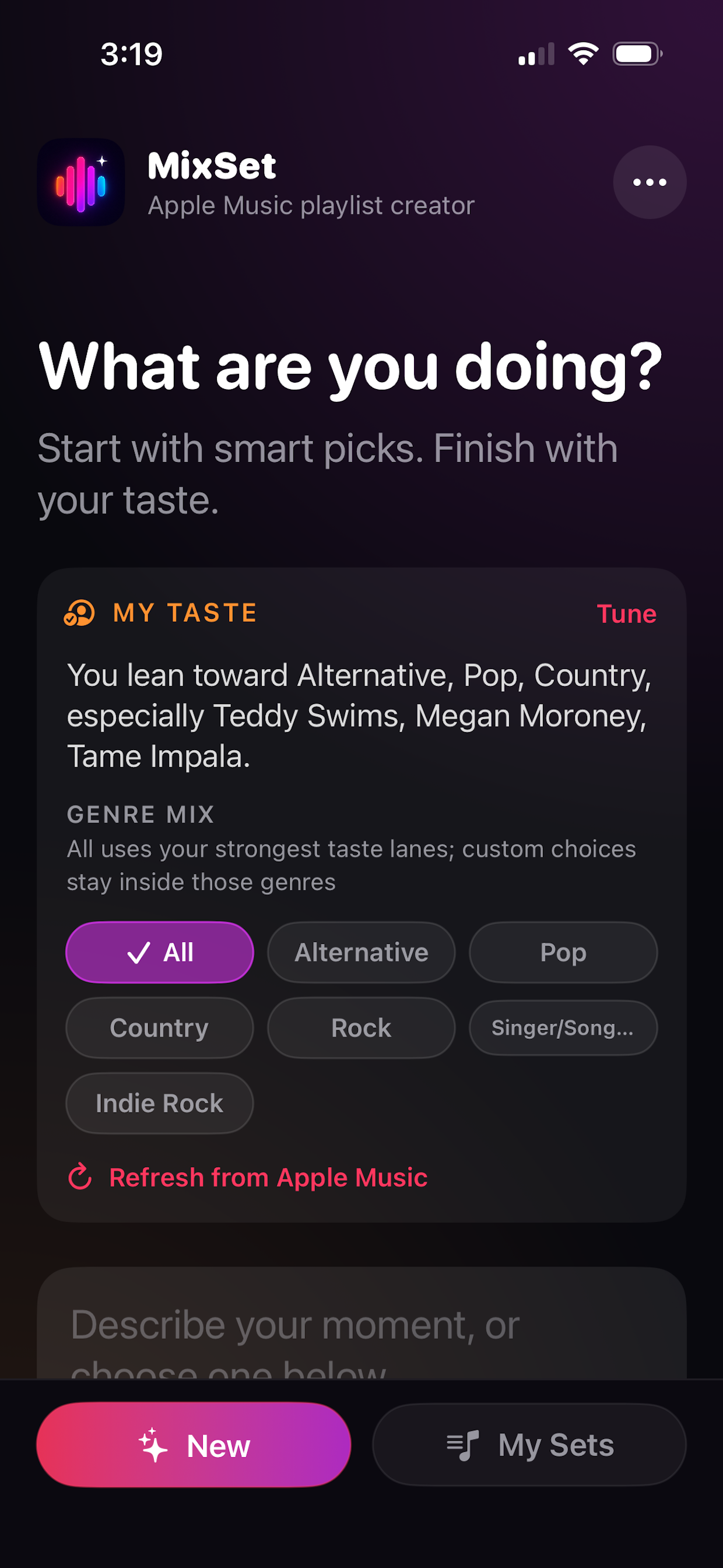 MixSet new playlist screen