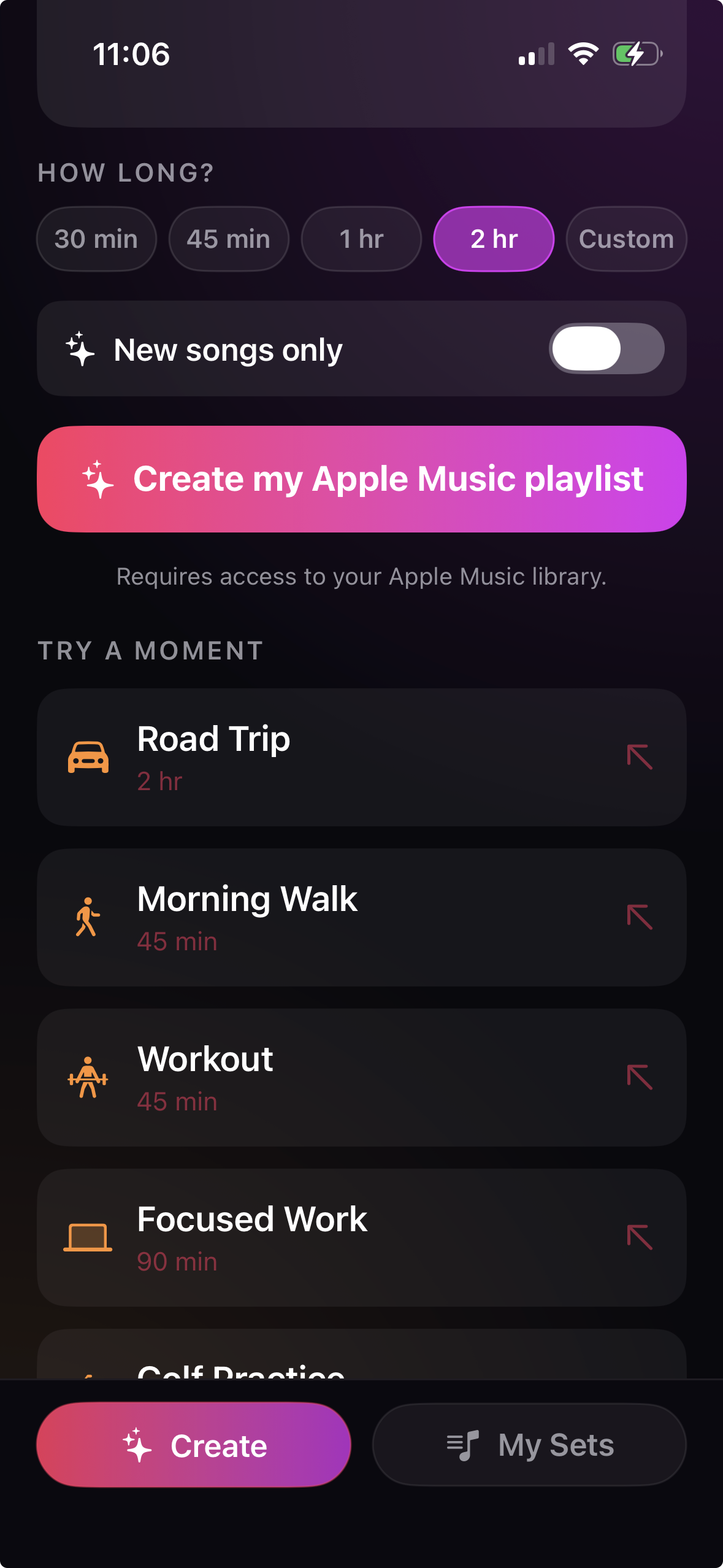 MixSet home screen showing moment prompt and Apple Music playlist creation