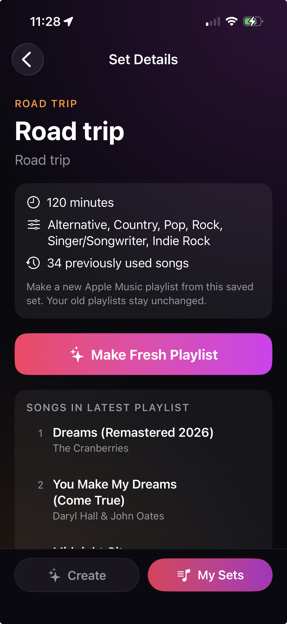 MixSet My Sets screen showing saved playlist versions